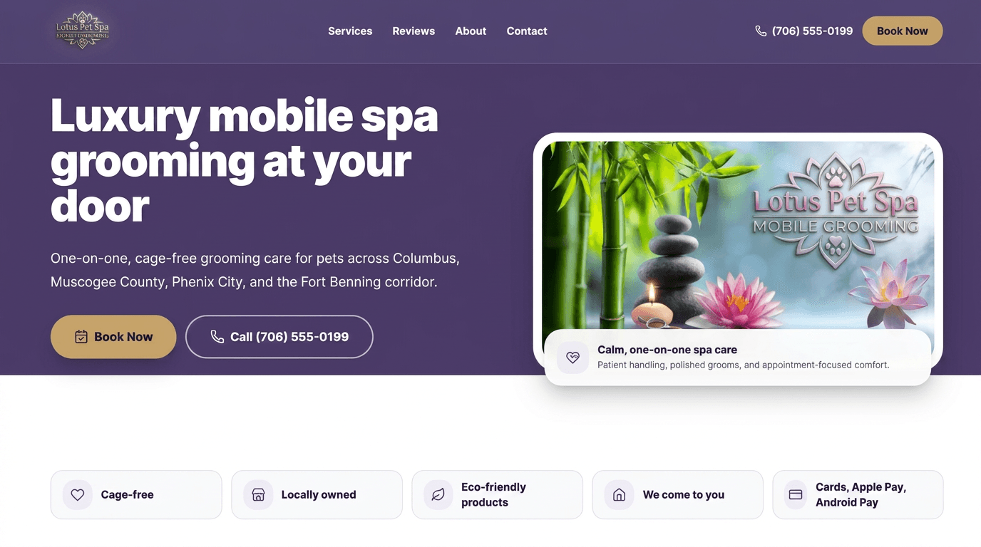 Live homepage of Lotus Pet Spa Mobile