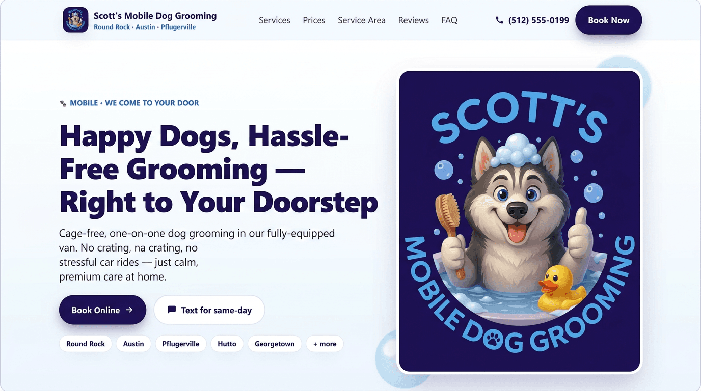 Live homepage of Scott's Mobile Grooming