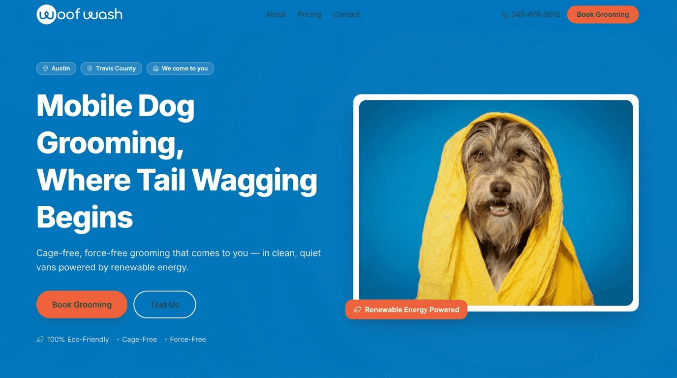 Live homepage of Woof Wash